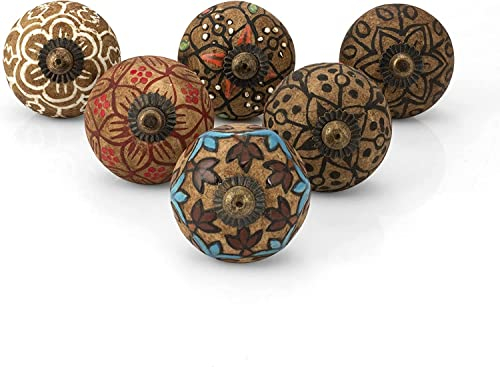Craft Trade Cabinet Knobs Ceramic Door Knobs for Cupboards Draws Vintage Kitchen Drawer Rustic Mix Design Hand Painted Chest of Drawers Boho Furniture Interior Décor Handles - Pack of 6