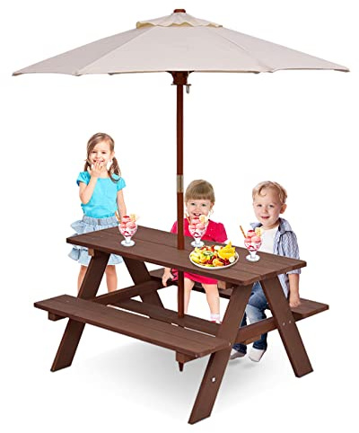 RELAX4LIFE Set Tavolo e Sedie per Bambini, Set Mobile da Esterno con Ombrello Parasole da Esterno, Tavolino e Panche da Giardino Terrazzo Balcone, Mobile da Picnic e BBQ (Modello 4)