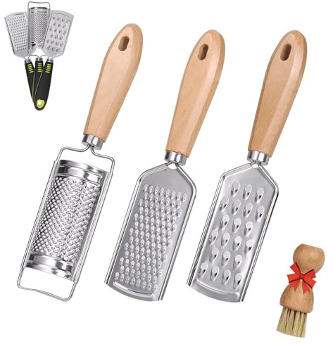 Hand Held Cheese Graters with Cleaning Brush Set by Beardo Stainless Steel Vegetable Grater with Wood Handle Multi-purpose Kitchen Food Shredder for Chocolate Butter Nuts Ginger