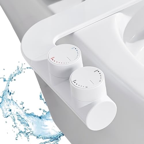 Bidet de toilette minimaliste ultra-mince Attachement pour eau froide et chaude avec 2 tubes tressés en acier inoxydable Buses doubles auto-nettoyantes rétractables Interrupteur de pression réglable