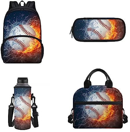 xixirimido Water Fire Baseball Kids School Bookbag Thermal Lunch Box 500-700ml Bottle Holder Pouch Large Shoulder Daypack 4 in 1