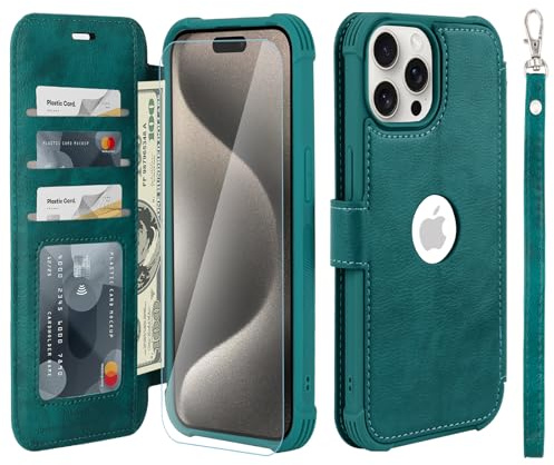 VANAVAGY Wallet Case for iPhone 15 Pro 6.1 Inch,Midnight Green | PU Leather Flip Folio,Slim,12ft Drop Protection,RFID Blocking Card Holder,Kickstand,Wrist Strap,Includes Screen Protector