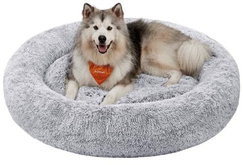 Feandrea Hundebett flauschig, Katzenbett, Donut Kissen, waschbar, Polsterung in der Mitte herausnehmbar, Langer Plüsch, 140 cm Durchmesser, Ombré-Grau PGW044G01