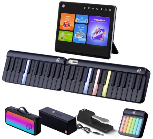 Popupiano Teclado de piano inteligente, piano digital de 59 teclas para principiantes, luces LED arcoíris y aplicaciones gratuitas, 256 voces, más de 100 acordes automáticos, soporte MIDI, teclado