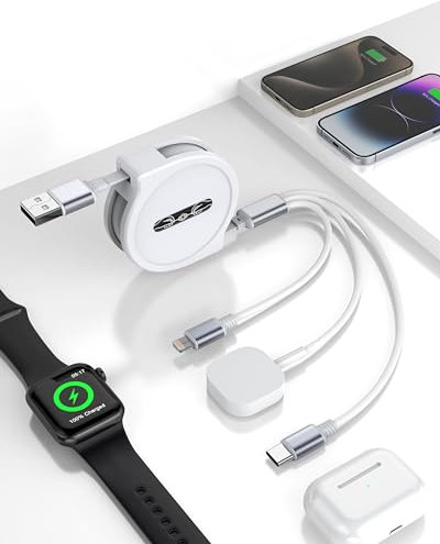 Retractable Phone + Watch Charger Cord, 3 in 1 USB Charger for iWatch + Lightning + Type C - Compatible with iWatch Ultra/SE/9/8/7/6/5/4/3/2/1/Phone/Samsung/iPad/Airpods - 1.2M