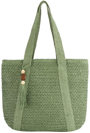 GOKTOW Bolsa de playa grande de paja para mujer, bolsos de mano de rafia, bolsa de hombro tejida de paja para vacaciones de verano, Verde, Talla única