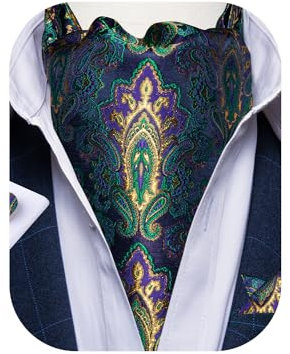 DiBanGu Ascot-Krawatten für Herren, 100 % Seide, Paisley-Krawatte für Herren, Hochzeit, Jacquard, gewebte Herren-Krawatte und Einstecktuch, Grün-Gold, Einheitsgröße