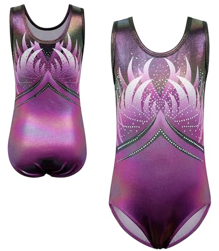 XFGIRLS Gymnastikanzug für Mädchen, ärmellos, glitzernd, Turnanzug, Gymnastik, athletischer Turnanzug, Mädchen, Ballett, Tanz, Gymnastik, Turnanzug, 5–14 Jahre, schwarz / lila, 11-12 Jahre