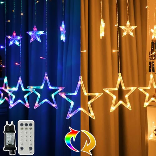 MOLVCE Lichterkette Sterne Strom 2.3m, 12 Sterne 138leds Weihnachtsbeleuchtung Fenster, Lichtervorhang Innen mit 11 Modi, Timer und Fernbedienung, Weihnachtsbeleuchtung Außen für Weihnachtstag