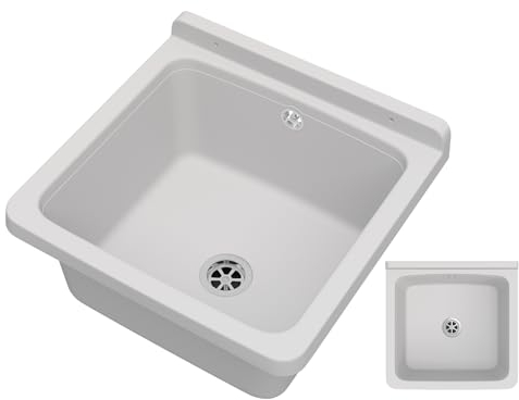 Granitan Lavabo universel pour garage, cave, atelier et buanderie, avec siphon, lavabo mural pour installation intérieure et extérieure, 40 x 38 x 22,8 cm, blanc