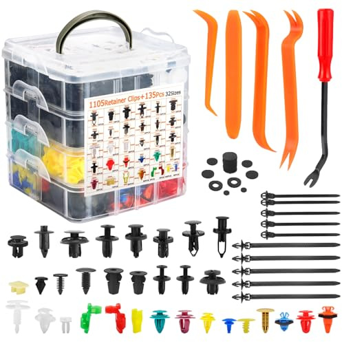 Auto Halteklammern & Befestigungen Kit - 32 Universalgrößen Nylon Stoßstange, Kotflügelnieten, Türverkleidungsclips und Kunststoffnieten mit 10 Kabelbindern und Entfernungswerkzeug für Toyota, Ford