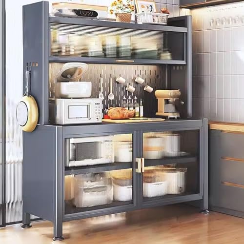 XIAOZHUANGXIONG Mensola Microonde Salvaspazio in Acciaio Al Carbonio Scaffale Da Cucina A 5 Ripiani Doppie Porte per Cucine Domestiche, Appartamenti, Dispense(Color:Gray,Size:80 * 42 * 157cm)