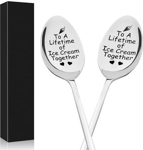 OWill 2 Pcs Engraved Spoons - ‘to A Lifetime ofIce Cream Together’ - Personalised Stainless Steel Cutlery with Black Gift Box - Ideal for Valentine's Day, Boyfriends or Girlfriends
