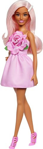 Barbie Poupée Barbie Fashionistas Robe Sans Bretelle Rose avec cheveux roses pastel, barrette et chaussures à talons et brides roses,HYT94