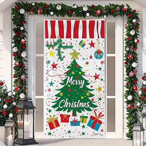 Surwin Forro Puerta Navidad,Moda Colorida Adornos Navidad Decoración de Cubierta de Puerta de Navidad, Decoracion Navidad Exterior Interior Casa, Pancarta de Navidad (Árbol de Navidad,90X200cm)