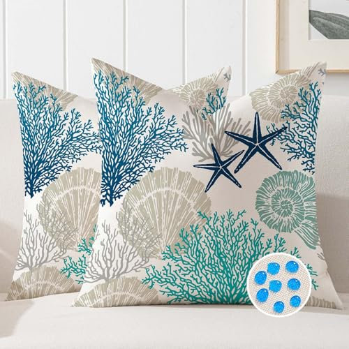 Kissenbezug Outdoor Kissen Wetterfest Gartenkissen Wasserfest Seestern Algen Cushion Covers 50 x 50 cm Türkis Kissenhülle Dekorative für Gartenbett Sofa Couch Terrasse Stuhlkissen Balkon 2 Stück