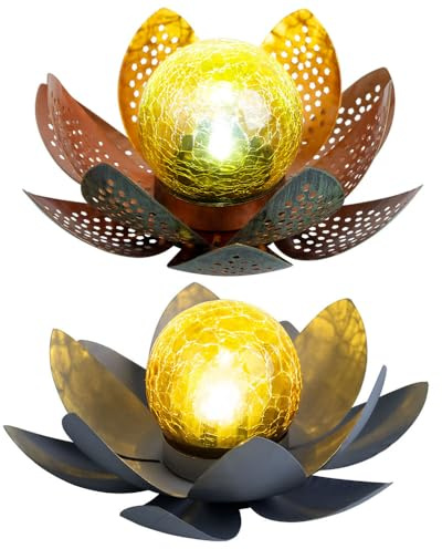Lotusblume Deko Solar Lotusblüte für Außen Garten Deko Leuchten Asia Garten, Crackle Glas Metallblätter, LED, 2er Set
