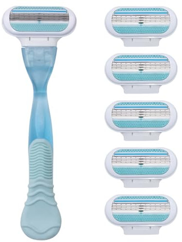 6 Ersatzklingen für Damen, 1 Griff, 3 Edelstahlklingen, korrosionsbeständig, schützendes Schmierband, ergonomischer Griff, sanfte Rasur für Körper & empfindliche Zonen (blau)