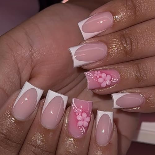 24 Stück Nägel Zum Aufkleben Kurz Eckig - Nude Rosa Blumen Press on Nails - Square Künstliche Nägel Acryl Fingernägel zum Aufkleben - Weiß French Full Cover Kunstnägel Fake Nails für Frauen