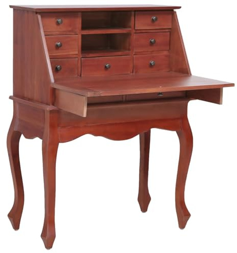 Gecheer Sekretär Braun, Massivholz Mahagoni, 78×42×103 cm, mit 9 Schubladen, 2 offenen Fächern, Klappschreibtafel, Messingknöpfen, für Homeoffice, Büro