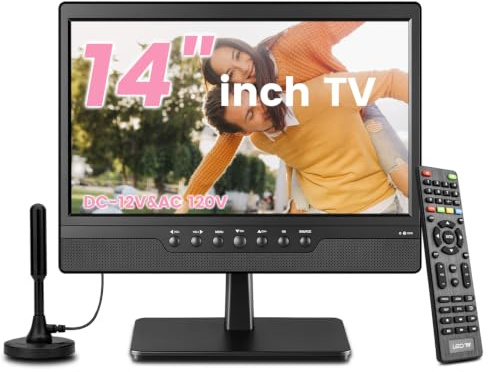 Jexiop Piccolo TV LED HD da 14 pollici, ATSC integrato, supporto doppio per montaggio a parete e desktop-HDMI-USB-AV IN-12 V/AC per camper e cucina