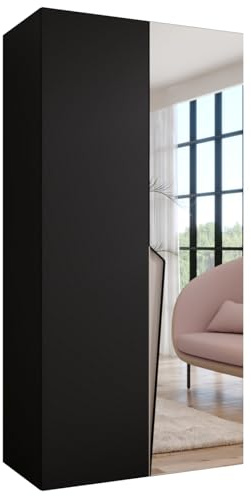 MEBLE KRYSPOL - Kleiderschrank - Garderobenschrank - 100 cm x 202 x 52 cm - Schrank mit Kleiderstange und Spiegel, 2 Türen - für Schlafzimmer, Flur - Piano, Schwarz, Griff Kaschmir