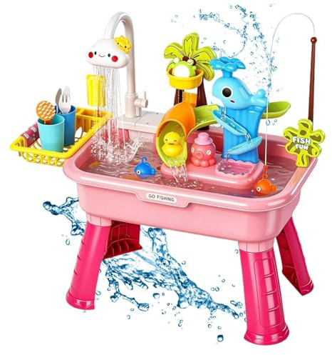 Huxibai Fregadero Infantil De con Agua Corriente - Mesa Actividades Eléctrica con Grifo y Tobogán de - Juguetes Fregadero Cocina,para Niños De 1 A 5 Años, Patio, Jardín, Guardería, Preescolar,