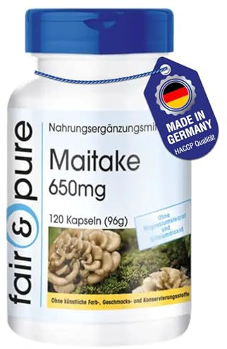 Fair & Pure Maitake 650mg, 120 Kapseln, Grifola frondosa, Nahrungsergänzungsmittel vegan ohne Magnesiumstearat, in Deutschland hergestellt