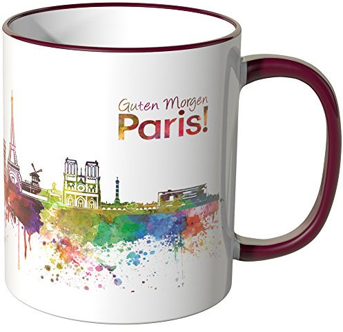 WANDKINGS® Tasse, Schriftzug Guten Morgen Paris! mit Skyline - Bordeaux