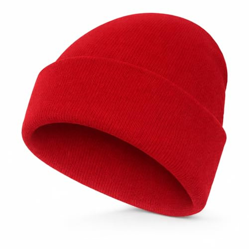 WS UK Kids Beanie Hat - Unisex Slouch Winter Woolly Turn Up Knitted (Red)