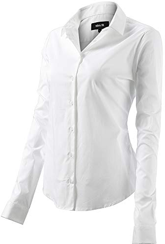 FLY HAWK Bluse Hemdbluse Damen Hemd Basic Kent-Kragen Elegant OL Work Slim Fit Langarm Stretch Formelle Hemden,Weiß, Größe 38, Hersteller - 10