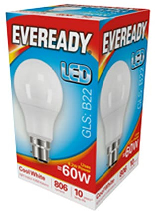 Eveready LED GLS Light Bulb Lamp BC B22 Push in Cool White 9.6w = 60w 820 Lumens Pack of 10