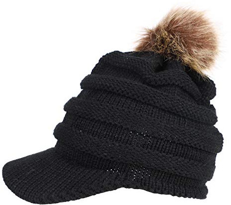 IBLUELOVER Barett Cap Damen Schiebermütze mit Bommel Schirmmütze Grobstrick Einfarbig Strickmütze Outdoor Wintermütze Warme Baskenmütze Gatsby Newsboy Kappe mit Schirm Ballonmütze