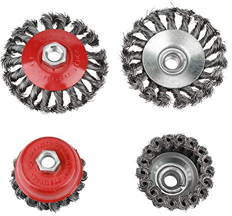 4Pcs Rotary Twist Knot Semi Flat Wire Wheel Cup Brush Set Kit Steel Wire Wheel Cup Brush Set for Angle Grinder Rust Paint Removal, Fit thread M14 Angle Grinder
