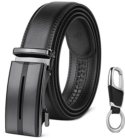 flintronic Herren Gürtel,Hochwertiges Leder material Ratsche Automatik Gürtel für Männer Ledergürtel Breite 3.5cm Länge 145CM-Schwarz (inkl Schlüsselbund & Geschenkbox)