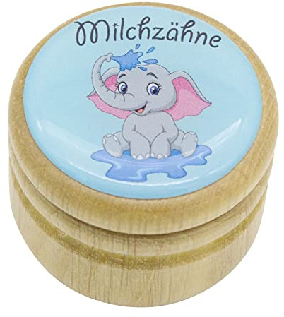 GICO Milchzahndose, Zahndose Milchzähne Bilderdose mit diversen Motiven aus Holz für Jungen und Mädchen mit Drehverschluss 44 mm (Elefant)