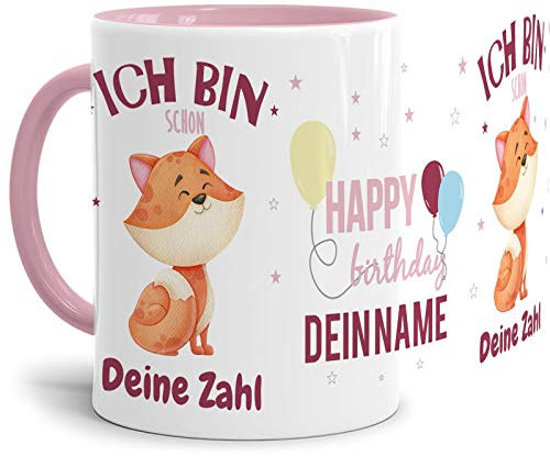 Tasse zum Geburtstag für Mädchen mit süßem Tiermotiv Fuchs - personalisierbar mit Name und Alter - Innen & Henkel Rosa, hochwertige Keramik, 300 ml