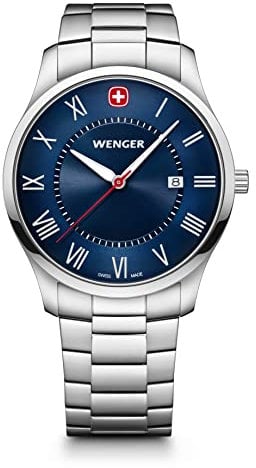 WENGER Herren Armbanduhr City Classic Ø 42 mm, Swiss Made, Analog Quarz, Wasserdicht bis 50 m, Edelstahl-Armband, Blau/Silber, 01.1441.137