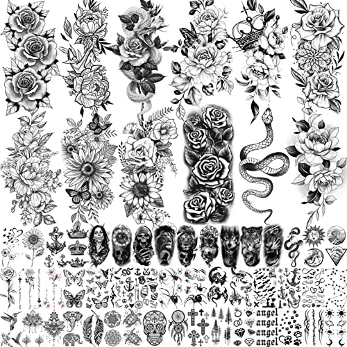 COKTAK 59 Blatt Sexy 3D Rose Blume Temporäre Tattoos Frauen Mädchen Damen Hals Arm, Schlange Blumen Sonnenblume Pfingstrose Fake Tattoo Aufkleber Erwachsene, Schwarz Realistisch Tattoos Schmetterling
