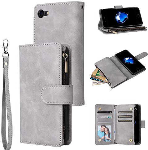 QLTYPRI Case for iPhone 7/8/SE 2020/SE 2022 5G, Large Capacity Leather Wallet Case 6 Card Holder & 1 Zipper Pocket Kickstand Wrist Strap Magnetic Case for iPhone SE 2022/SE 2020/8/7 - Grey