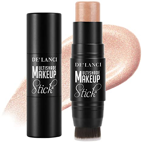 Neuer 3-in-1 Creme Highlighter Stick mit Pinsel, Wasserfester und Langlebiger Highlighter Makeup Stick, Mischbarer Gesicht Körper Creme Schimmer Stift für alle Hauttöne, Cream