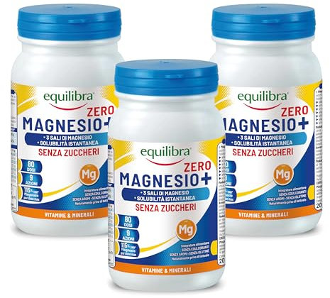 Equilibra, Magnesio+ Zero, Integratore Magnesio, Barattolo 200g Tripack, Magnesio Carbonato, Bisglicinato e Pidolato, Solubilità Istantanea, Riduzione Stanchezza e Affaticamento, Senza Glutine e Aromi