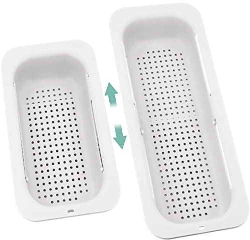 Over the Sink Colander, DRLIFE White Sink Strainer for Kitchen Expandable Colander Multifunctional Plastic Vegetables Fruit Washer Strainer Adjustable Strainer for Sink