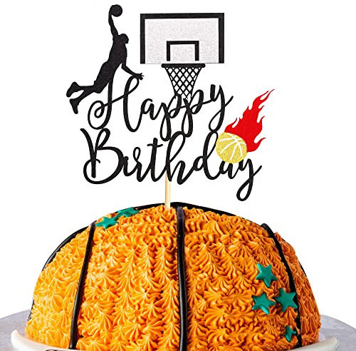 Arthsdite Tortenaufsatz mit Basketballmotiv Happy Birthday, Basketball-Motiv, für Basketball-Thema, Babyparty, Geburtstagsparty, Kuchendekorationen, Zubehör, schwarzer Glitzer