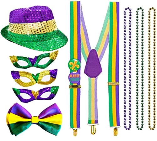 Tianher 1920er Buntes Kostüm Zubehör Set aus Pailletten,Jazz Hut,Maskerade Maske,Fliege,Hosenträger,Halskette für Karneval, Themenpartys, Heiligabend, Silvester