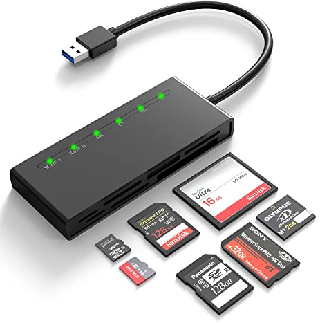 SD Card Reader 7 in 1 USB3.0 Multi Card Reader for SD/Micro SD/CF/XD/MS/MMC Camera Memory Card, 5Gbps High Speed Sony Memory Stick Reader Adapter Read 5 Cards Simultaneously