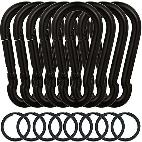 EGGMARCH 8 Pack Black Carabiner Clips with 8 Key Rings Heavy Duty Spring Snap Hook Zinc-Galvanized Steel Snap Clip Connector Link Hooks for Camping Fishing Hiking Swing Hammock Dog Leash (8 cm)