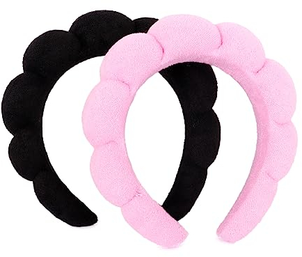 MapofBeauty 2 Stücke Spa Stirnband Frauen Mode Puffy Kopf Tragen Haar Zubehör Schwamm Weiches Haarband (Schwarz+Rosa)