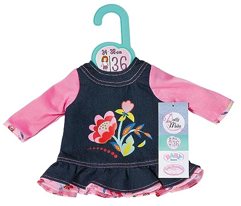 Dolly Moda, Puppenkleidung, Dolly Moda Jeans Kleid Blumen 36cm, Jeanskleid mit Rosa Langarm-Shirt, 871508, Zapf Creation