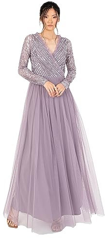 Women's Maxi Dress Ladies Embellished Wrap Tulle Frilly V-Neck Long Sleeve for Wedding Guest Bridesmaid Prom Ball Gown, Moody Lilac, 44